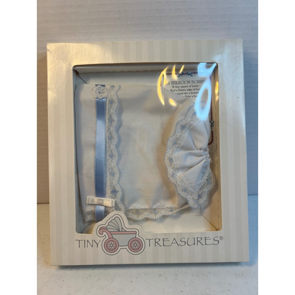 Tiny Treasures Heirloom Keepsake Bonnet White Linen Blue Lace 5202B Vintage 2003